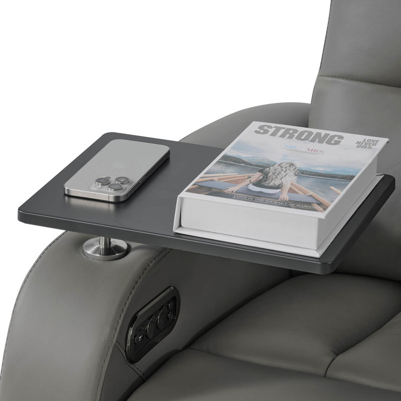 Double fauteuil inclinable de cinéma maison en cuir fleur avec ports USB et de type C, Cuir véritable gris
