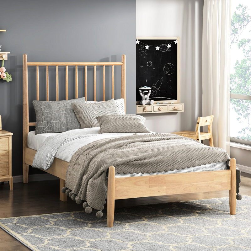 Lit plateforme moderne de style Mid-Century avec finition naturelle et tête de lit à lattes verticales, rails et rails de livraison inclus, un paquet