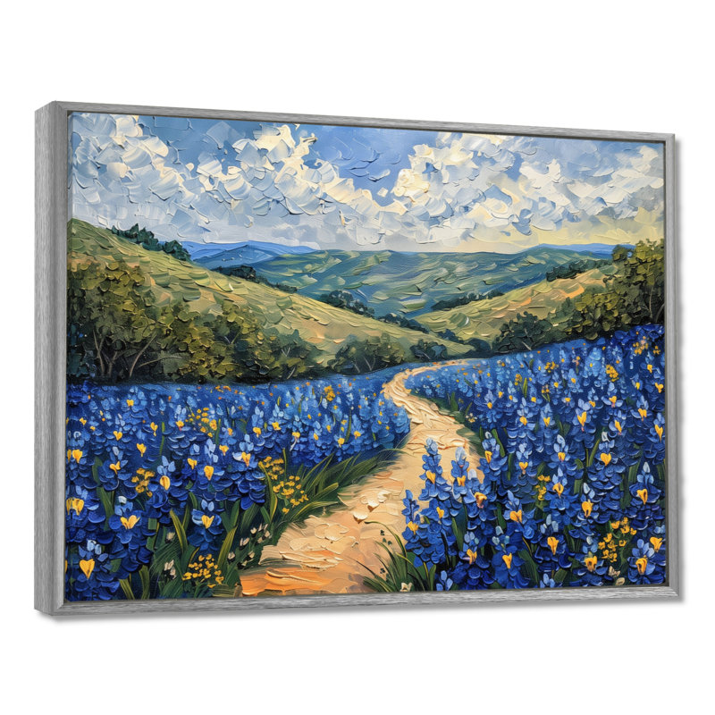 «Blue green meadow Charm Blue Bonnets» - art sur toile Blue Bonnets, Toile argentée avec cadre flottant
