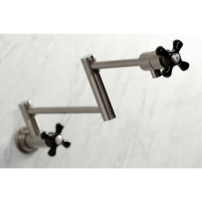 Kingston Brass Manhattan Two-Handle 1-Hole Wall Mount Pot Filler Faucet, Brushed Nickel/Black, Cross