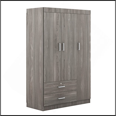 3-Door Wardrobe With 2 Drawers, Wood Grain Effect In Gray
