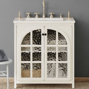 Meuble-lavabo de 31 po de style maison de campagne avec lavabo en céramique intégré, fini blanc vieilli imitation vieilli, armoire de style rétro avec poignées, 2 portes à fermeture en douceur pour plus de tranquillité et de durabilité