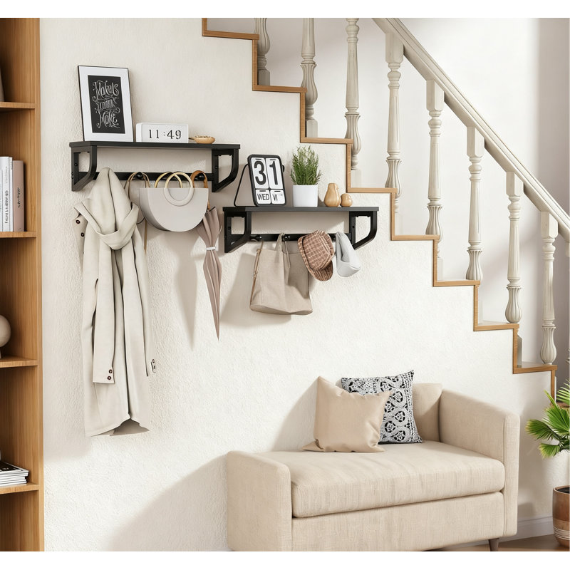 Portemanteau mural avec tablette, organisateur de vestibule en bois et métal avec crochets pour vestes, sacs, clés et rangement décoratif