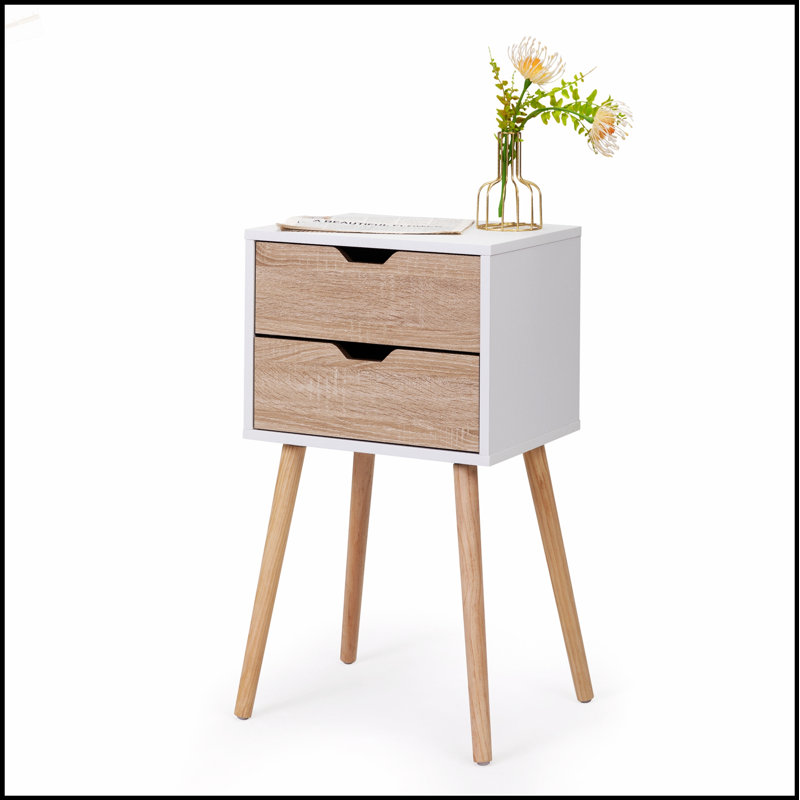 Élégante table de chevet avec 2 tiroirs, des pieds en bois massif et un grand espace de rangement pour les chambres et les salons modernes
