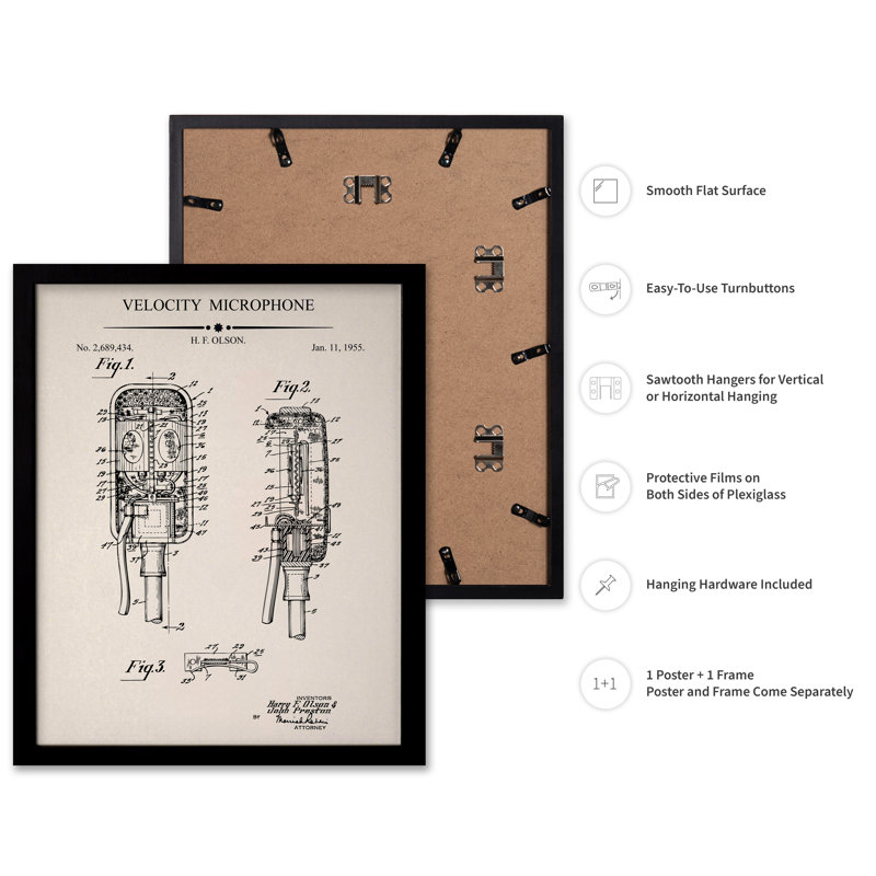 Microphone Blueprint No2, Black Framed, Poster, 12"H x 16"W
