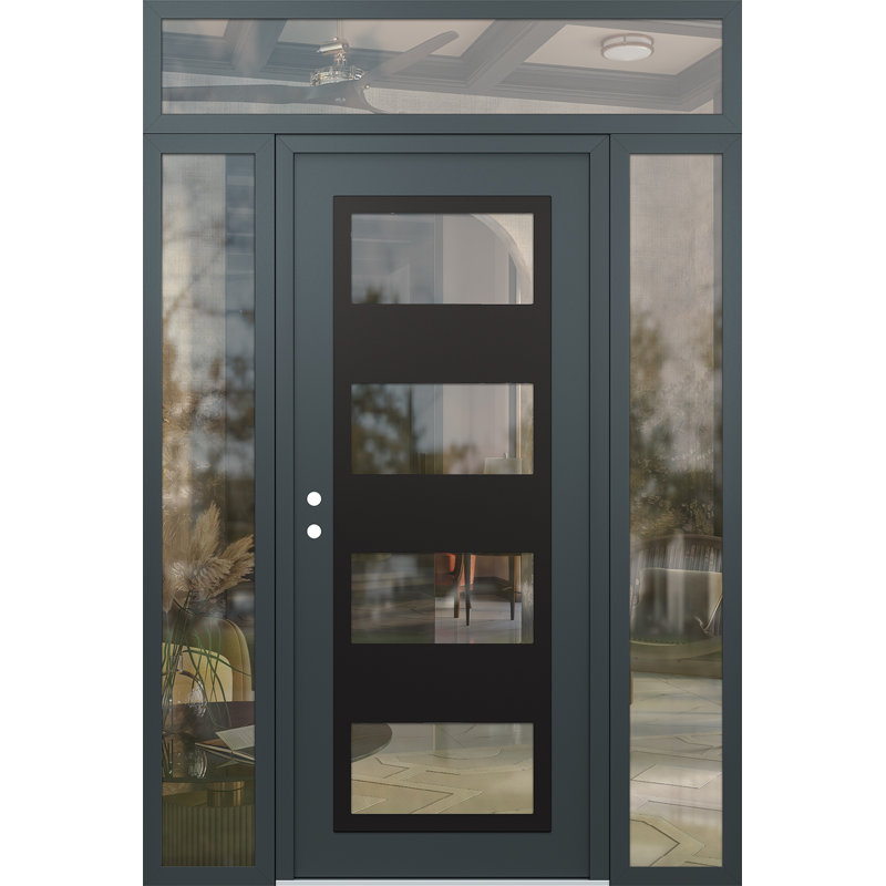 Panneau d'entrée en acier noir anthracite / anthracite avec 2 panneaux latéraux et porte d'entrée pré-montée traverse, Oui