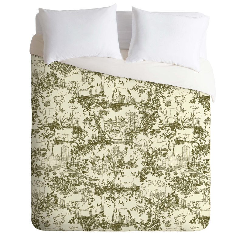 Rachelle Roberts Polyester Toile Duvet Cover, King Duvet Cover + 2 King Pillowcases, Green/White