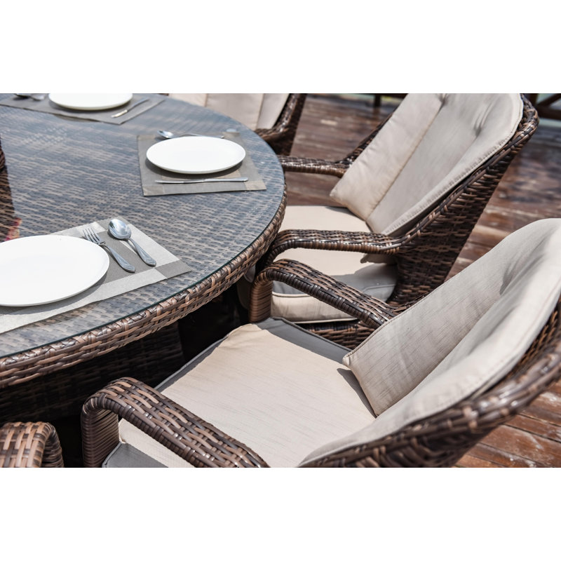 8 - Person Patio Dining Set with Round Table , Cushions Included, Brown, Beige