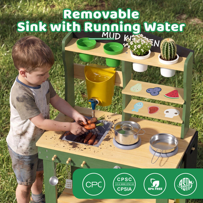 Kids Wooden Mud Kitchen Outdoor, Play Kitchen With Water Tank, Sink & Faucet, Toy Cookware Set, Plant Pots & Food Molds, Backyard Sensory Playset For Toddlers & Kids
