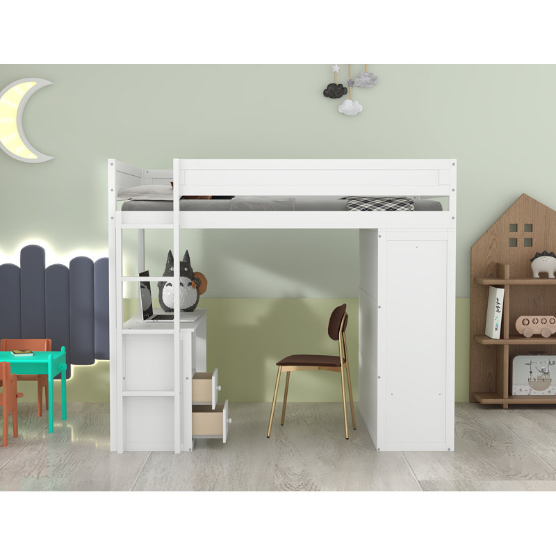 Lit mezzanine double avec tiroirs Hason Kids, Blanc
