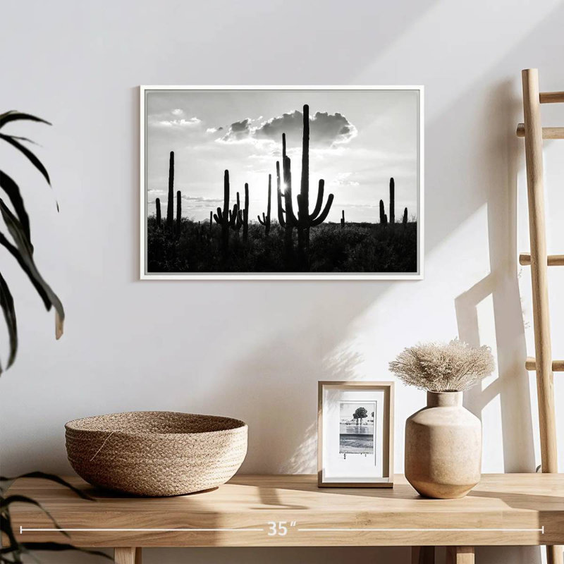 Arizona noir - Silhouettes de cactus, 19 po x 13 po, Cadre flottant blanc