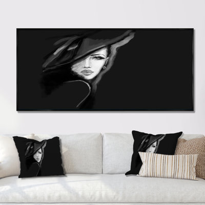 Styliste monochrome stylisée avec chapeau noir - peinture sur toile