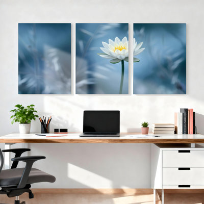 Ensemble de 3 tableaux muraux sur toile tendue représentant des nénuphars blancs, pour la décoration du salon et de la chambre à coucher.