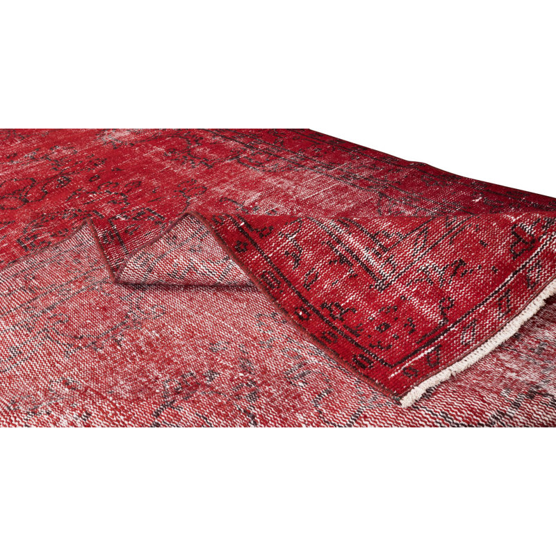 Tapis turc fait à la main de 5 pi x 8,6 pi sur-teint en rouge, idéal pour la décoration moderne de maison et de bureau