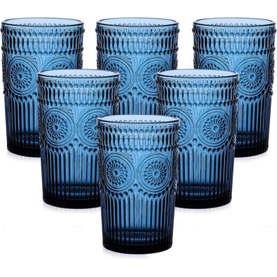 The Glassware Drinking Glasses Set of 6,13 oz Textured Flower Design Glass Water Tumblers