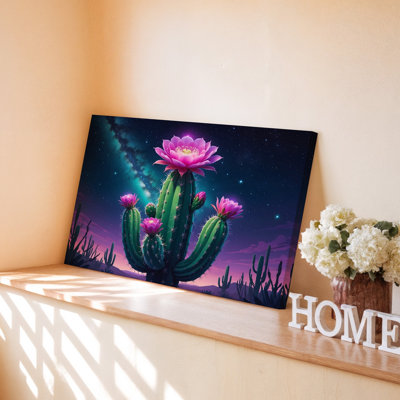 «Desert Night Cactus Grand Blooming Pink Flowers Galaxy Sky», reproduction d'art sur toile pour le salon, la chambre à coucher, le bureau, le couloir, l'entrée, le mur de la galerie et la décoration intérieure moderne
