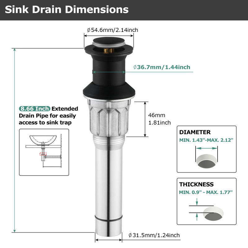 Pop-up Bathroom Sink Drain Without Overflow, Matte Black