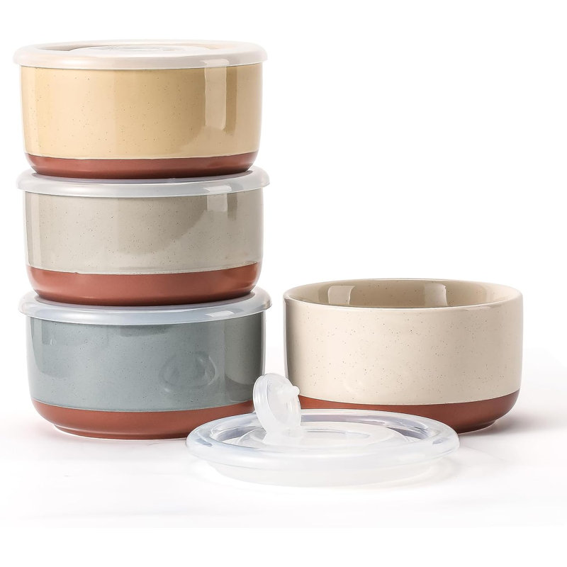 Set Of 4 Ceramic Bowls With Lids 20 Oz Microwave-safe Soup Containers Multicolor