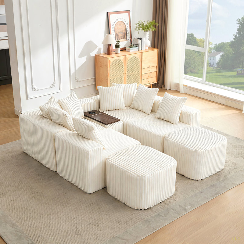 Canapé en U de 137,5 po, charge USB et sans fil, table basse avec porte-gobelet, canapé modulaire surdimensionné et mobile, repose-pieds mobile, sans assemblage, 6 sièges, velours côtelé