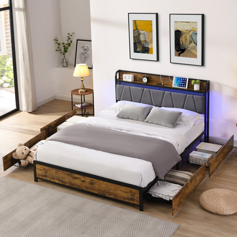 Tête de lit grand avec rangement, avec port de charge, 4 tiroirs, lumières à DEL, rangement pour lit brun et gris, option, espace de tiroir, colorway