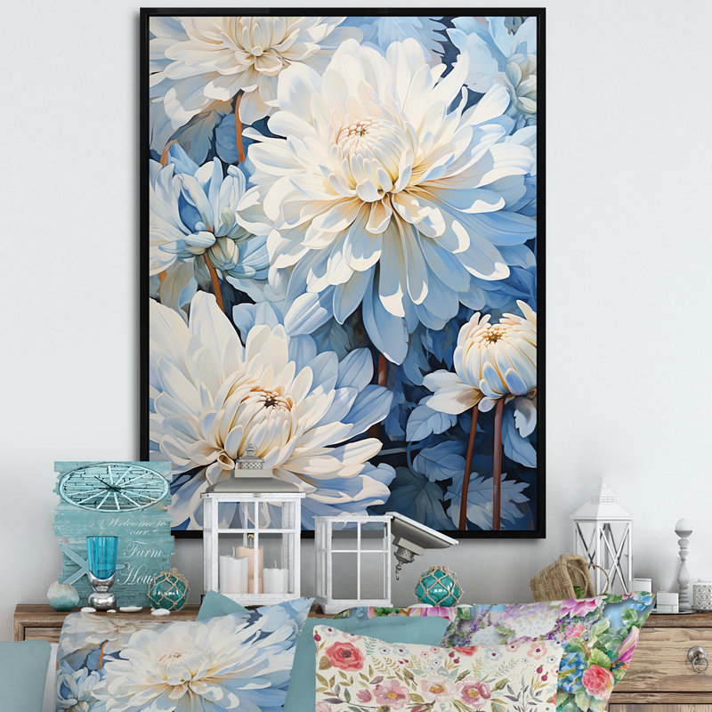 Minimalisme «Blooming Mums» en bleu et blanc II sur toile, H 40 po x l 30 po x P 1,5 po, Cadre flottant noir