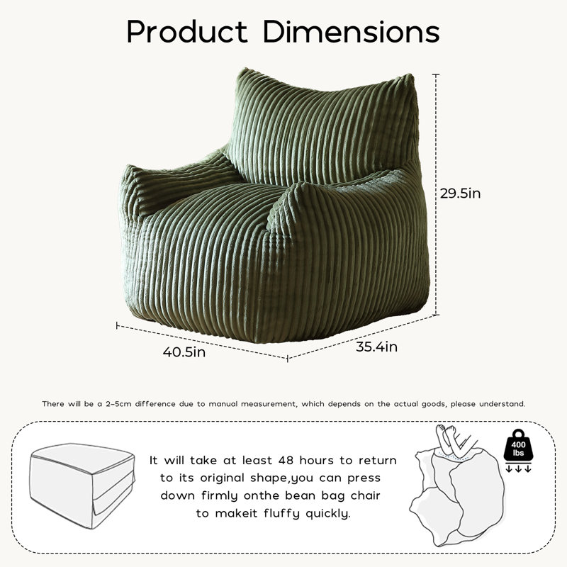 Corduroy Bean Bag Chair With Memory Foam For Living Room, Bedroom & Dorm, Cozy Fluffy Single Cloud Mini Couch