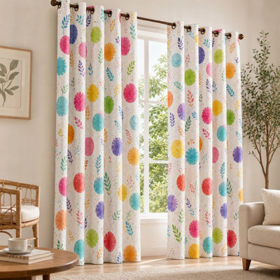 2Pcs Colorful Cartoon Circles and Leaves Pattern Curtains, Cute Decorative for Room, Playroom, Bedroom, Fun Vibrant Printed for Home Dector