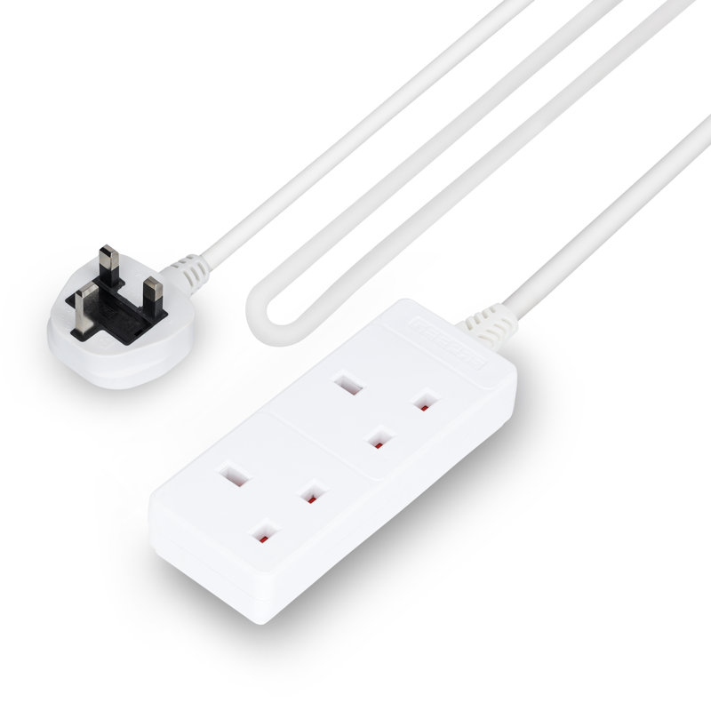 GEEPAS 2 Gang Extension Lead | 2-Way Plug Extension Cable | 2 Socket Power Strip, 13 A| Heavy Duty UK Plug | White