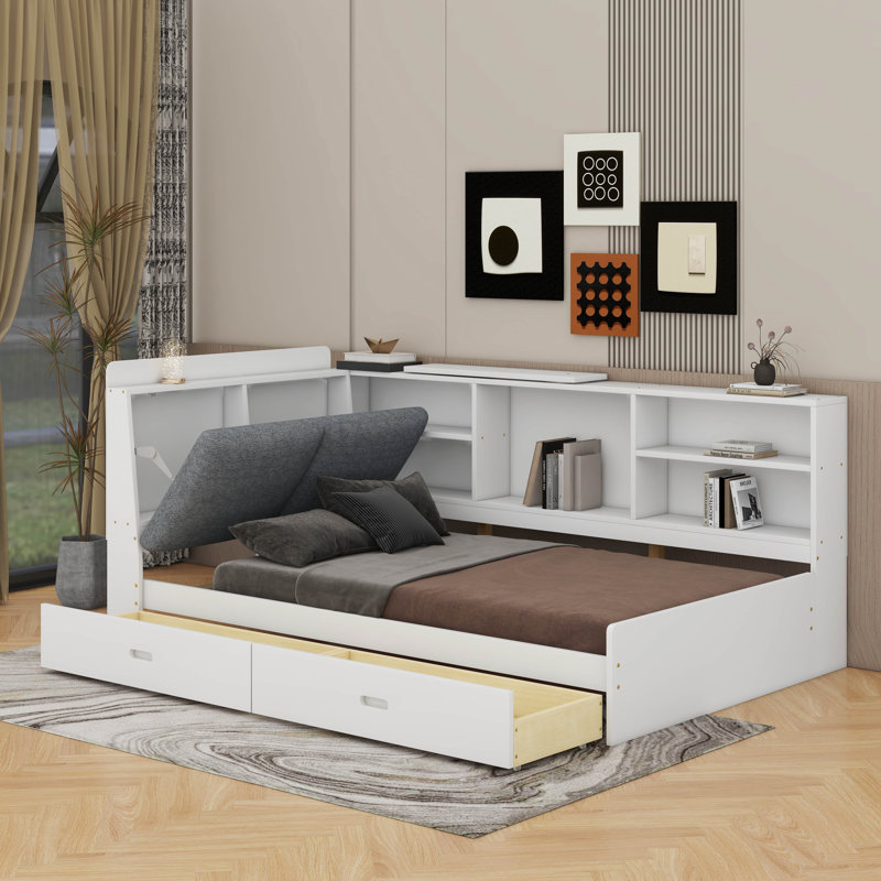 Lit plateforme en bois avec tête de lit, tablettes et tiroirs, Blanc