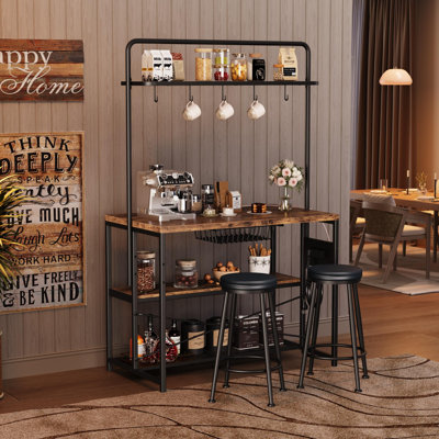42 Inch Industrial Kitchen Island Bar Set with 2 Round Stools, Built-In Power Outlet, Upper Spice Rack & Mug Hooks, Multi-Tier Open Storage Shelves, Vintage Wood Grain for Small Apartment Open Kitchen