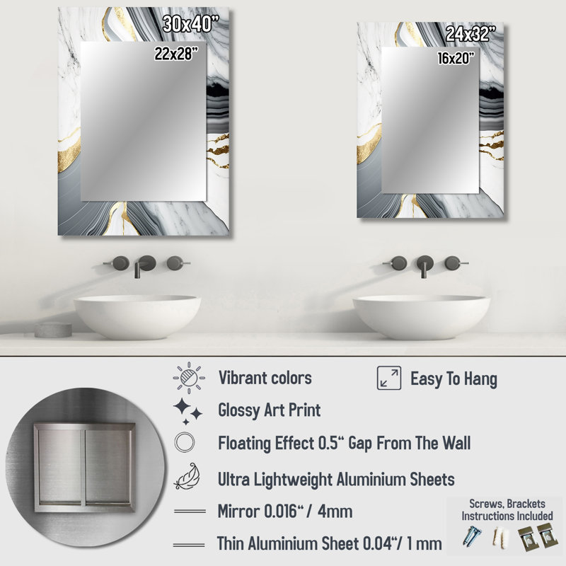 Abstrait Geode Marble Waves Gray II - miroir décoratif abstrait, miroir mural gris, impression d'art en métal, 32 po x 24 po