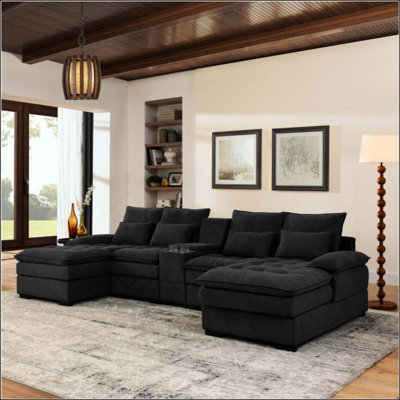 U-Shaped Sofa With Console,Cupholders,Usb,6-Seat Upholstered Primary Living Space Furniture,Sleeper Couch Set With Chaise For Living Room,Apartment