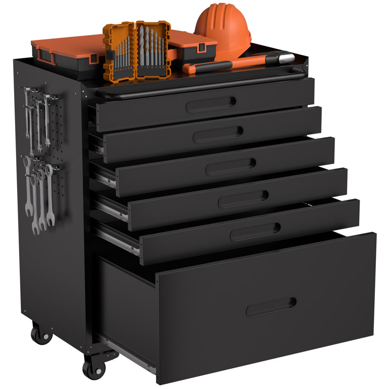 Coffre à outils roulant 34,3 po avec 6 tiroirs - Organisateur de garage mobile, tous les tiroirs pour les petites pièces et les outils, fabrication en acier robuste