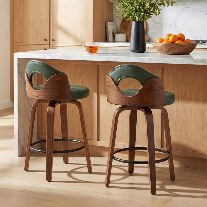 Leona Wooden Faux Leather Bar Stools, Counter Stool (25.2” Seat Height), Green