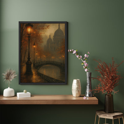 «Golden Bridge Autumn», reproduction d'art encadrée «Misty River and Streetlight» pour un décor d'automne élégant