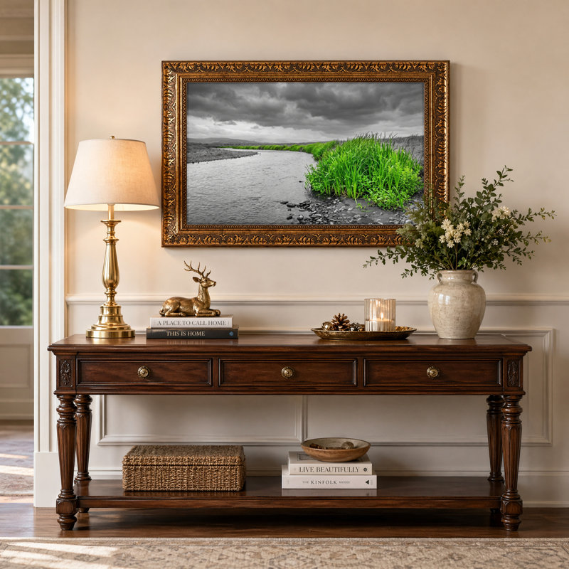 Art mural en toile noyer doré encadré pour salon, chambre à coucher, bureau ou vestibule - décoration murale décorative avec herbe de rivière