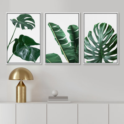 Vibrant Green Monstera And Banana Leaf Trio Botanical Picture Framed 3 Pieces Canvas Print Wall Art