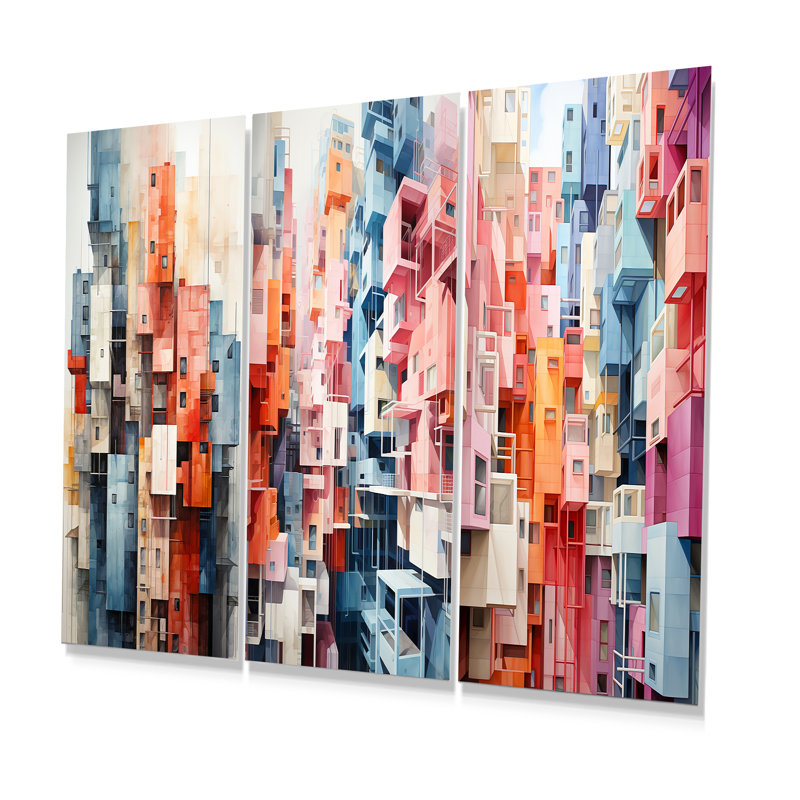 Multicolore cubique gratte-ciel urbain - ensemble de 3 décorations murales en métal gratte-ciel, H 28 po x l 36 po