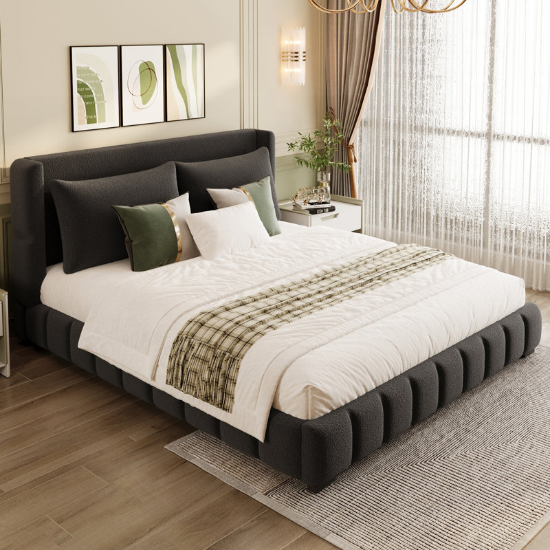 Upholstered Platform Bed with Padded Headboard & 2 Support Pillows, Black, Queen