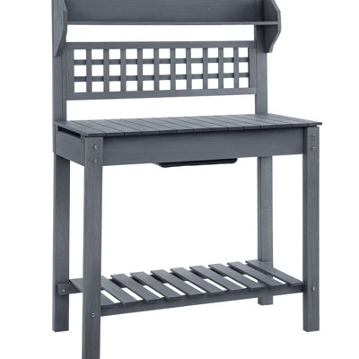 Table de rempotage d'extérieur avec plateau extensible pour la coupe des herbes et des légumes, évier pour l'arrosage et l'entretien des plantes, étagères de rangement, bois massif naturel, charge maximale de 80 kg, surface grise