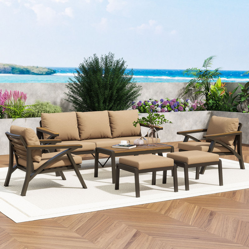 Ensemble de conversation pour l'extérieur 6 pièces avec canapé 3 places, 2 chaises, 2 repose-pieds et table basse pour 7 personnes