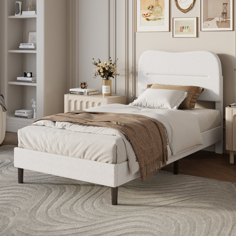 Twin Bed Frame With Teddy Velvet Soft Curved Headboard, Platform Bed With Wooden Slat Support, Easy Assembly, Noise-Free, White