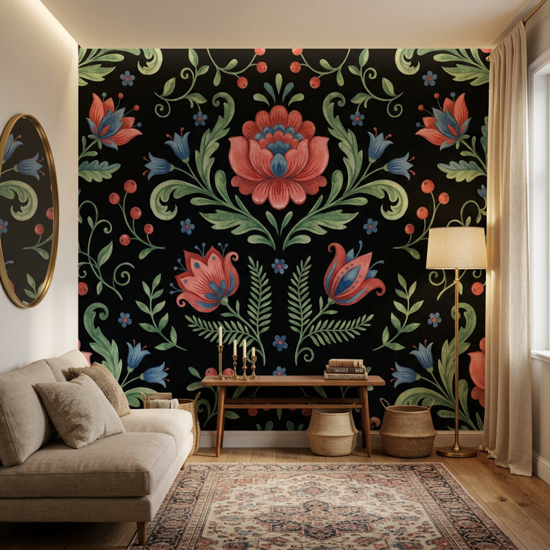 Papier peint damassé symétrique Folk, 100 po x 96 po, Peler et coller