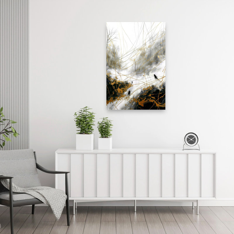 «Golden Forest Lines», art dramatique abstrait, forêt, 36" H x 24" W