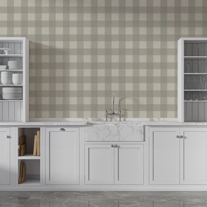 Papier peint à carreaux vichy vert sauge avec motif écossais doux, L 90 po x l 140 po, Non tissé