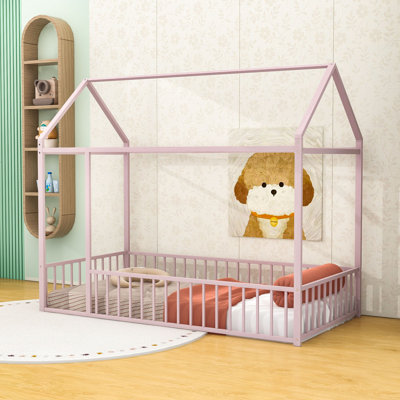 Twin Metal House Bed With Roof And Fence Design