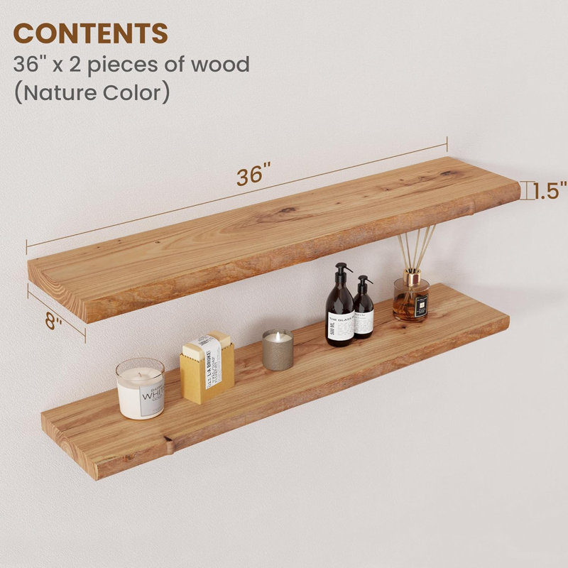 Millwood Pines Floating Shelves for Wall Decor, Rustic Solid Elm Wood Floating Shelves Wall Mounted, Wall Shelves with Invisible Bracket for Living Room Bathroom Bedroom Kitchen, Set of 2