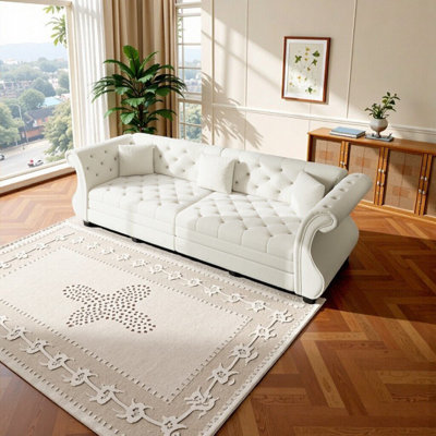97.6" Oversized Chesterfield Pull-Out Sofa Bed – Luxurious Velvet Couch with Flower Tufting, 4-Seat Comfort for Living Room, Bedroom (Beige/White)