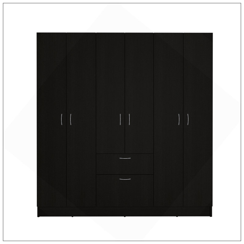 Armoire à six portes Mitu, sept tablettes intérieures, un tiroir, tringle noire / blanche