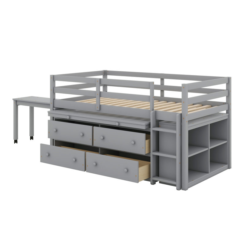 Lit mezzanine avec bureau d'écriture rétractable et tiroirs, lit mezzanine avec bureau portatif latéral et tablettes, gris